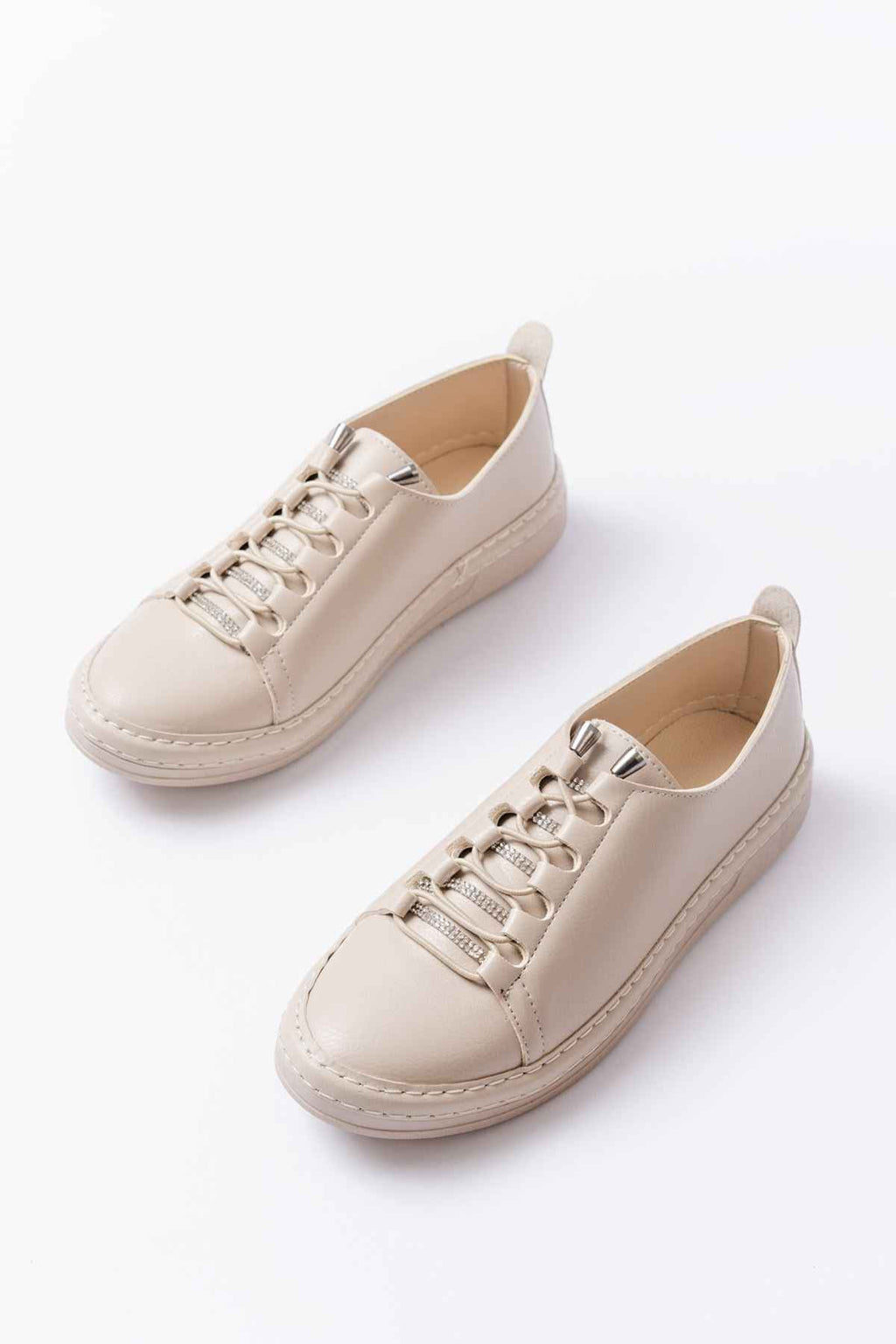 Ayakkabı Aşkı Mk-9026 Bej Bağcıklı  Taş Aksesuarlı Günlük Spor Ayakkabı