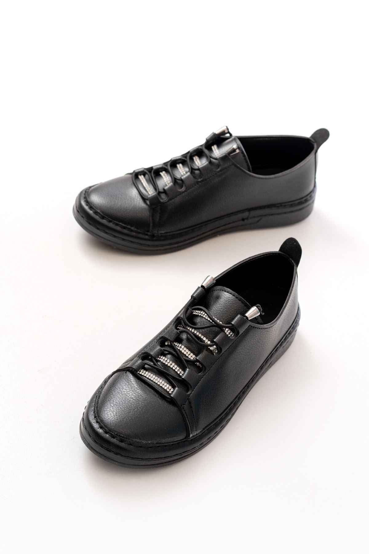 Ayakkabı Aşkı Mk-9026 Siyah Bağcıklı  Taş Aksesuarlı Günlük Spor Ayakkabı