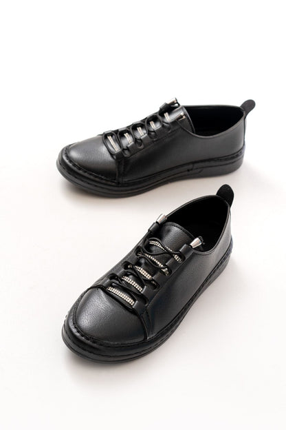 Ayakkabı Aşkı Siyah Bağcıklı Taş Aksesuarlı Günlük Spor Ayakkabı