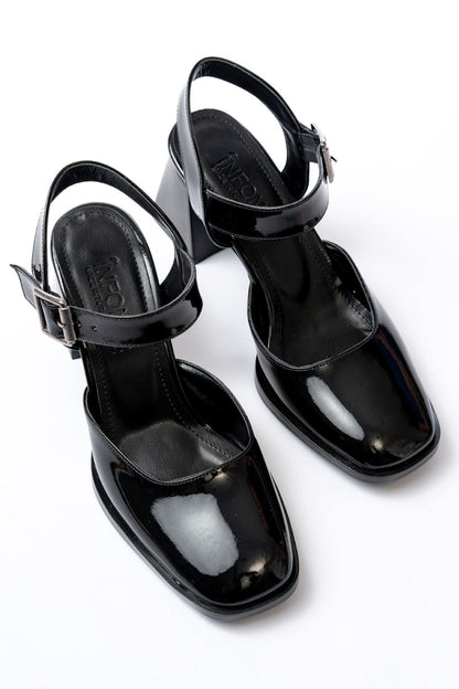 Ayakkabı Aşkı İNF-40450 Siyah Rugan Günlük Arkası Açık Topuklu Bayan Ayakkabı