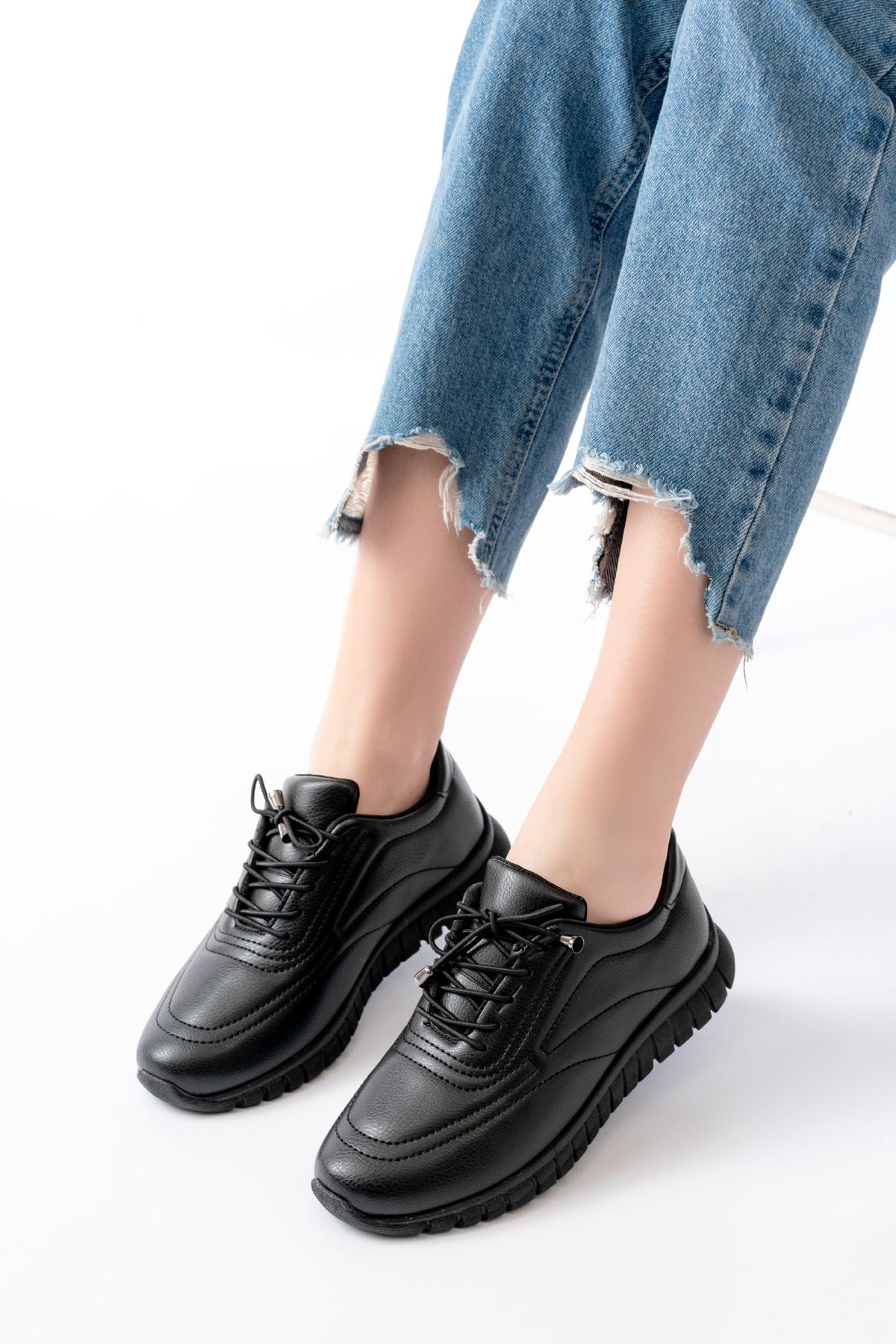 Ayakkabı Aşkı Siyah Bağcıklı Desenli Günlük Spor Ayakkabı - Ayakkabı Aşkı