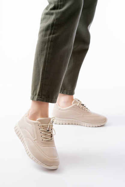 K-504 Bej Bağcıklı Desenli Günlük Spor Ayakkabı - Bej