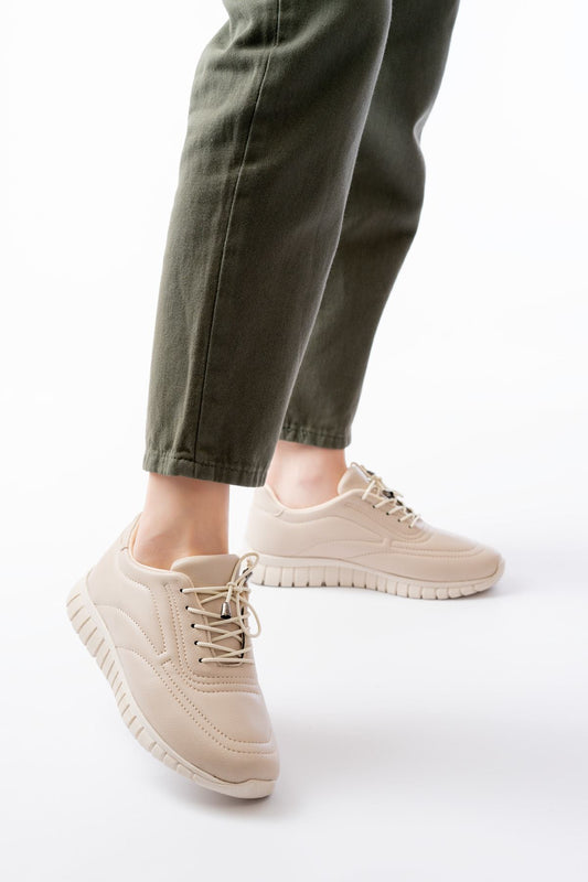 K-504 Bej Bağcıklı Desenli Günlük Spor Ayakkabı - Bej