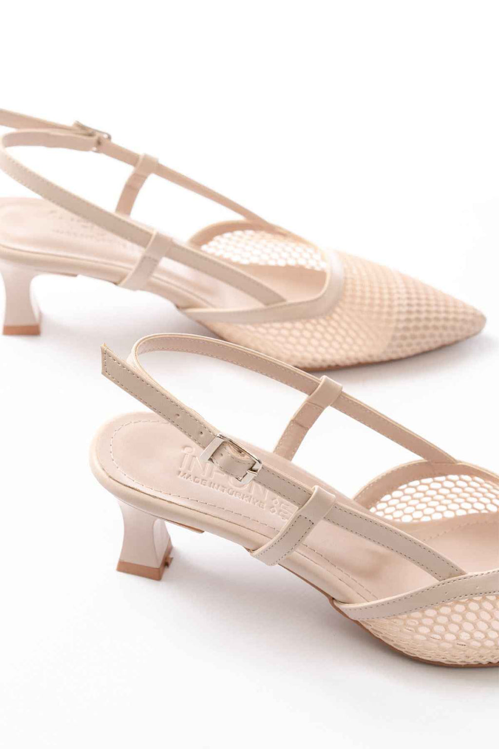 Ayakkabı Aşkı K-607 Bej Günlük Fileli Arkası Açık 7 Cm Topuklu Bayan Ayakkabı