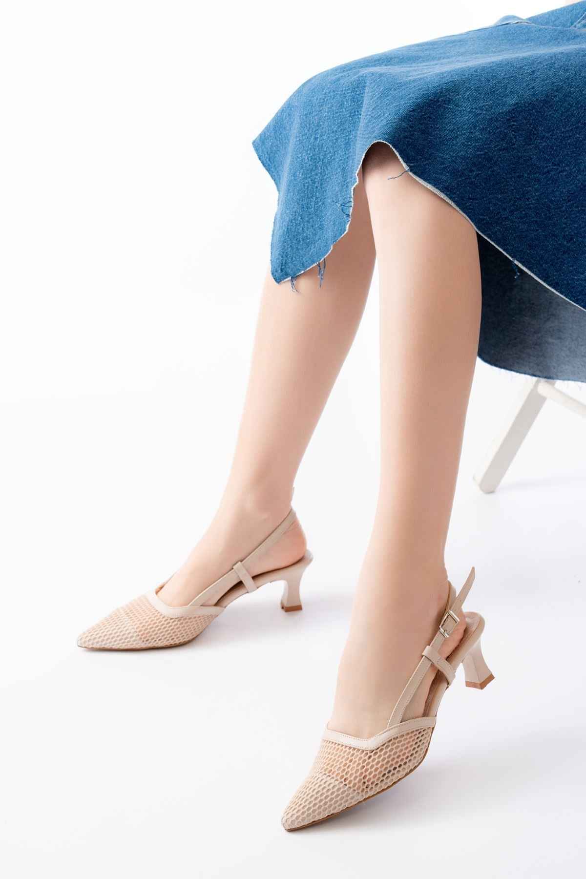 Ayakkabı Aşkı K-607 Bej Günlük Fileli Arkası Açık 7 Cm Topuklu Bayan Ayakkabı