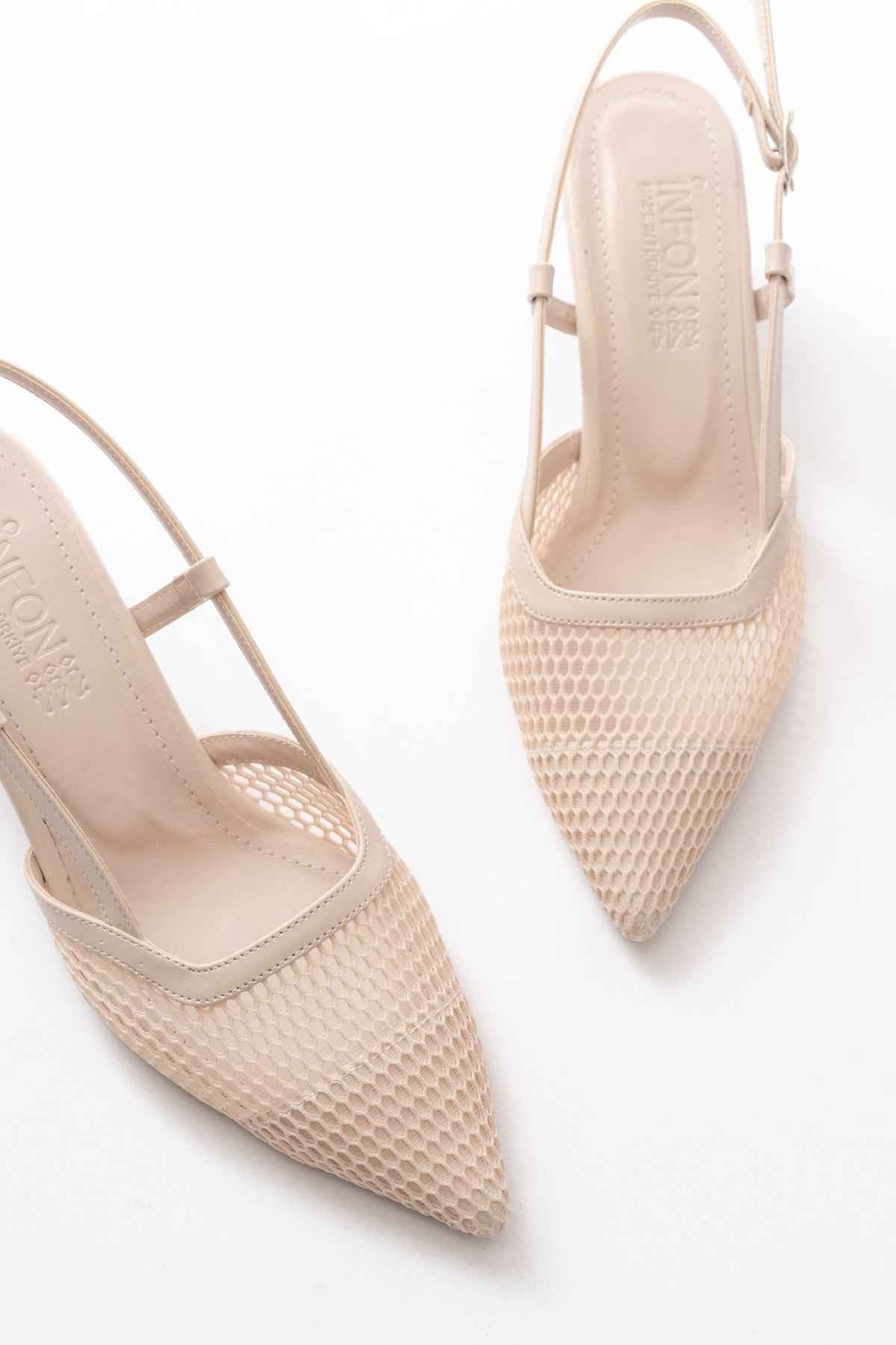 Ayakkabı Aşkı K-607 Bej Günlük Fileli Arkası Açık 7 Cm Topuklu Bayan Ayakkabı