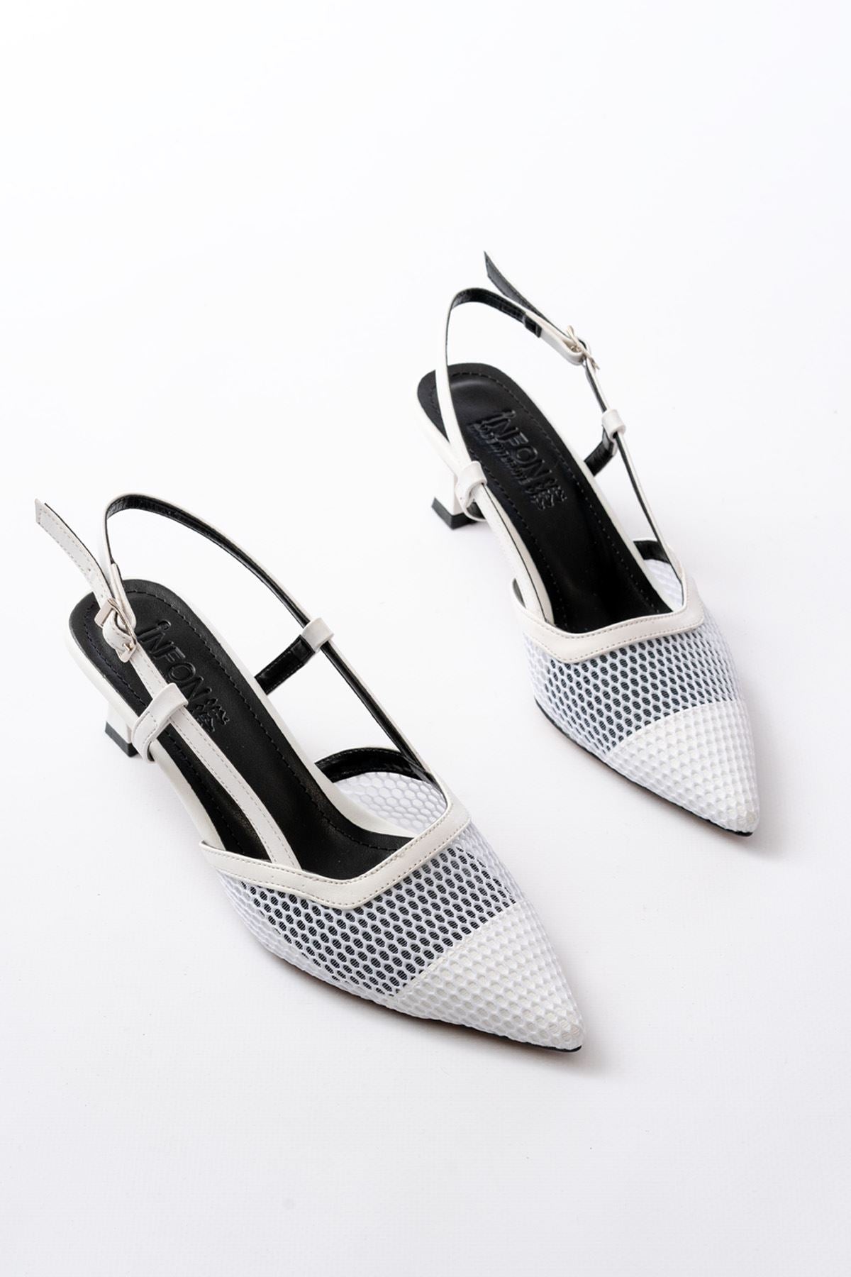 Ayakkabı Aşkı Beyaz Günlük Fileli Arkası Açık 7 cm Topuklu Bayan Ayakkabı - Ayakkabı Aşkı