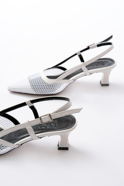 Ayakkabı Aşkı Beyaz Günlük Fileli Arkası Açık 7 cm Topuklu Bayan Ayakkabı