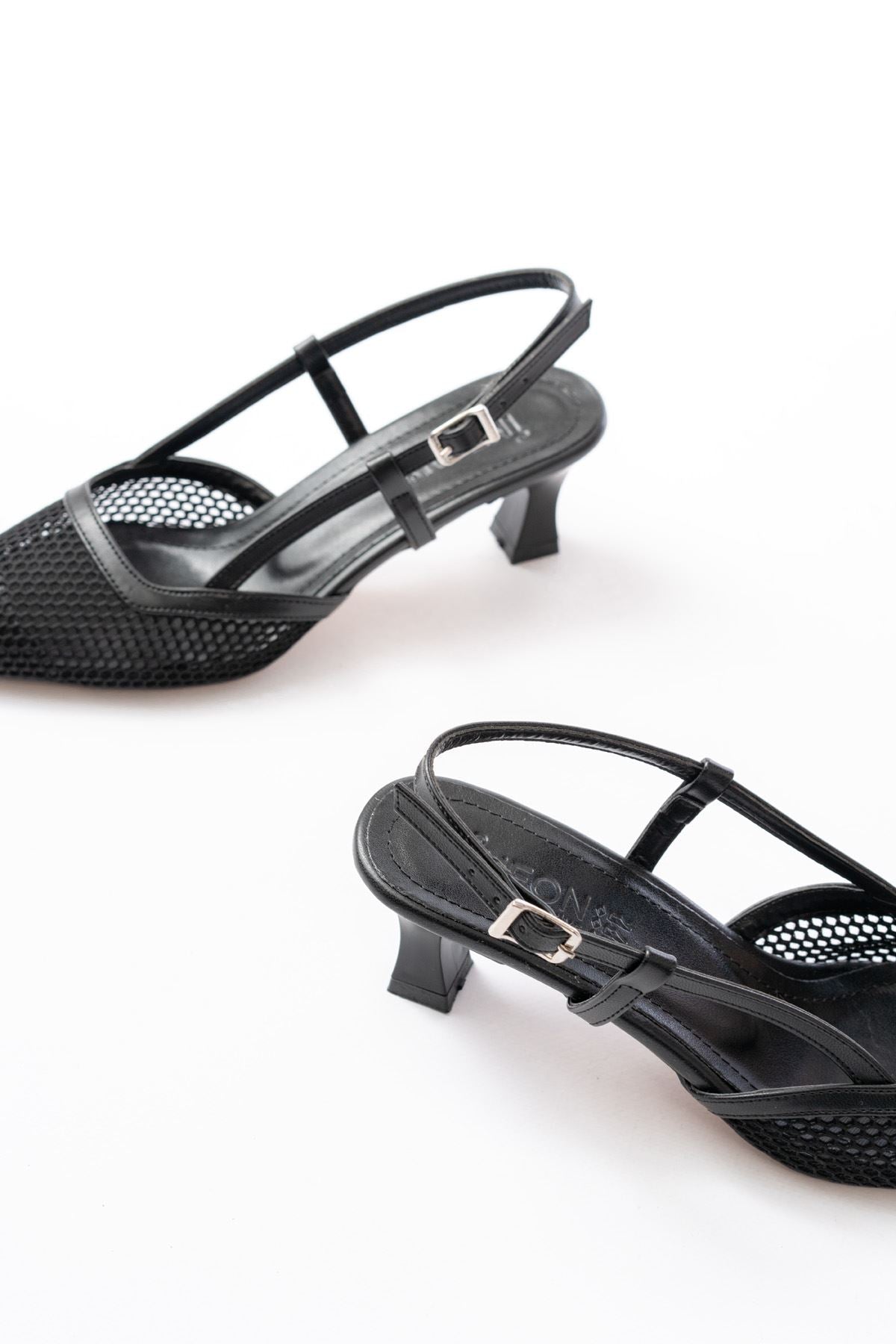 Ayakkabı Aşkı Siyah Günlük Fileli Arkası Açık 7 cm Topuklu Bayan Ayakkabı