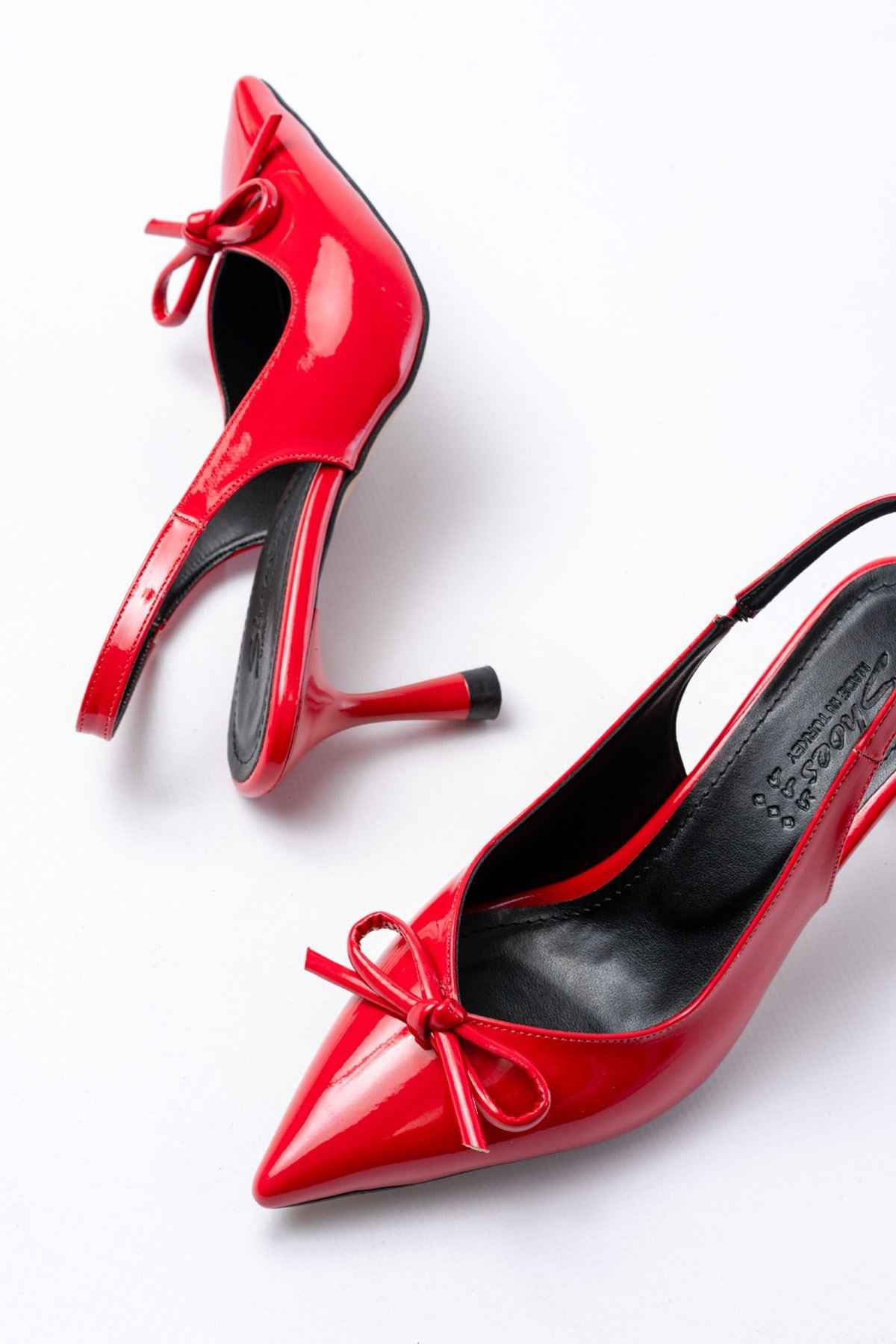 Ayakkabı Aşkı Inf-4500 Kırmızı Rugan Günlük Arkası Açık Fiyonklu Topuklu Bayan Ayakkabı