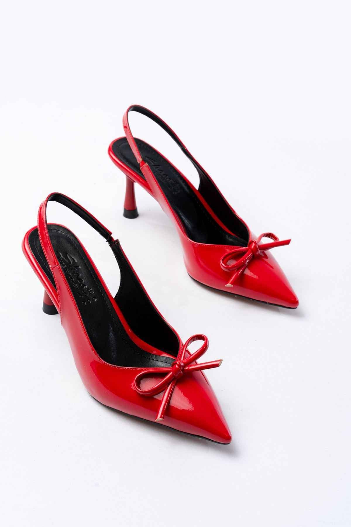 Ayakkabı Aşkı Inf-4500 Kırmızı Rugan Günlük Arkası Açık Fiyonklu Topuklu Bayan Ayakkabı