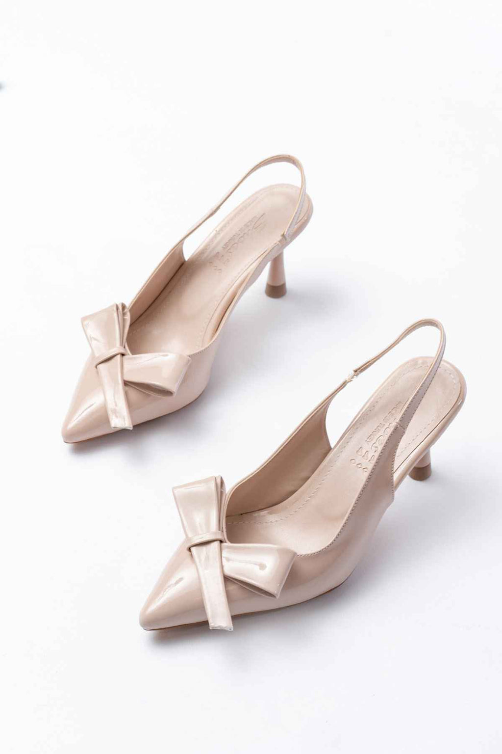 Ayakkabı Aşkı Inf-4501 Bej Rugan Günlük Arkası Açık Fiyonklu Topuklu Bayan Ayakkabı