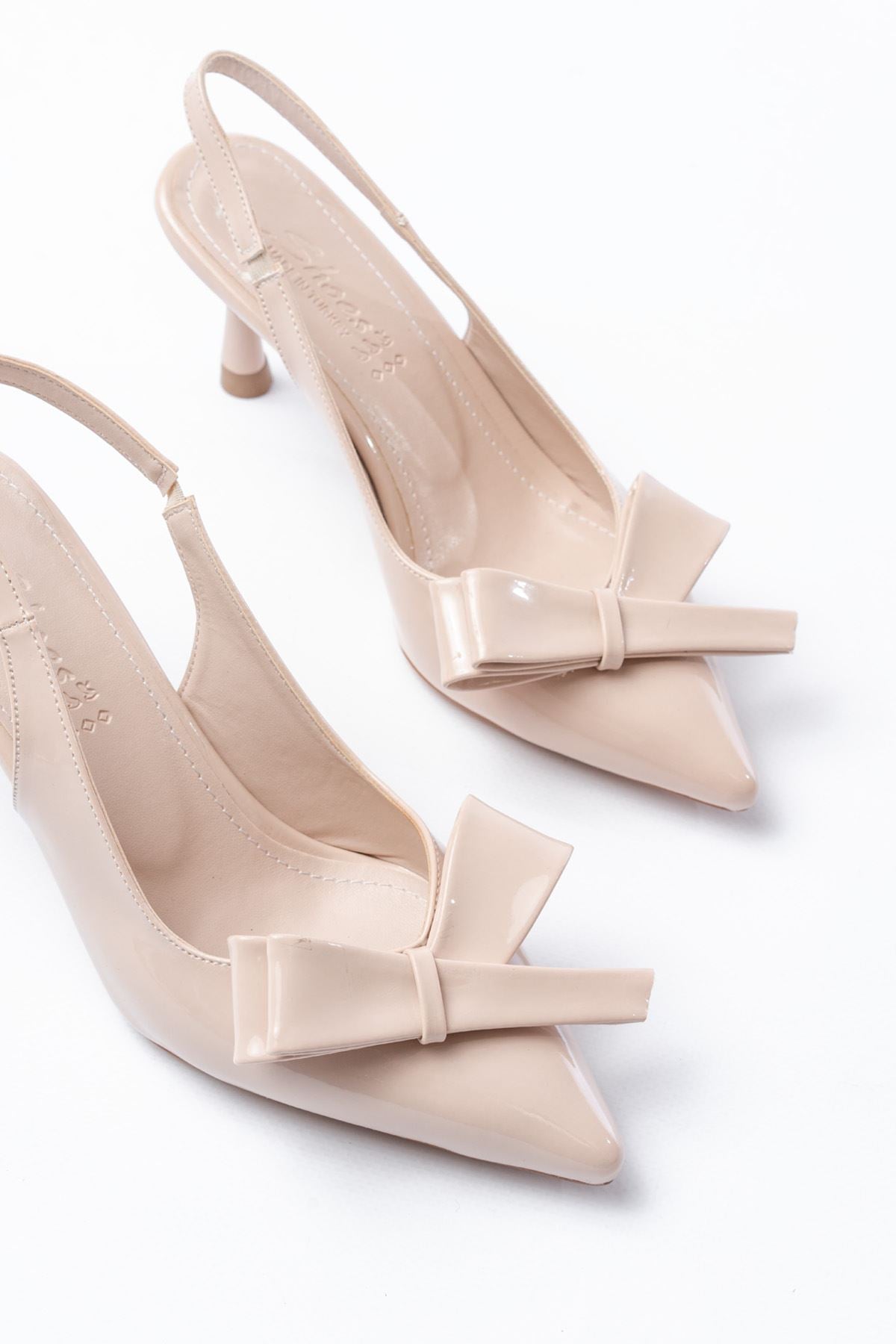 Ayakkabı Aşkı İNF-4501 Bej Rugan Günlük Arkası Açık Fiyonklu Topuklu Bayan Ayakkabı