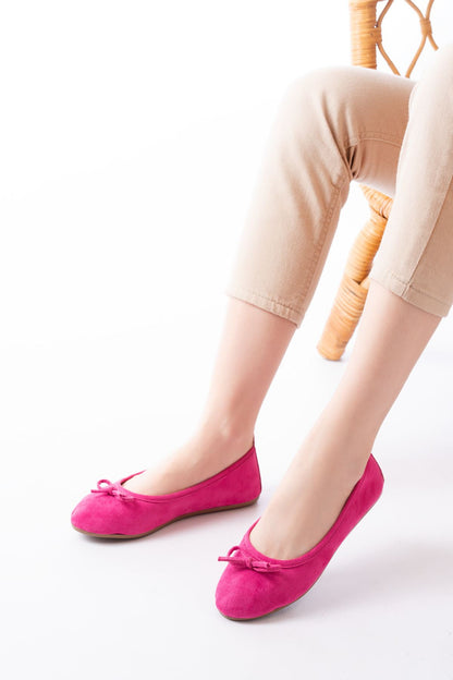 Ayakkabı Aşkı 6101 Fuşya Süet Fiyonklu Günlük Kadın Babet