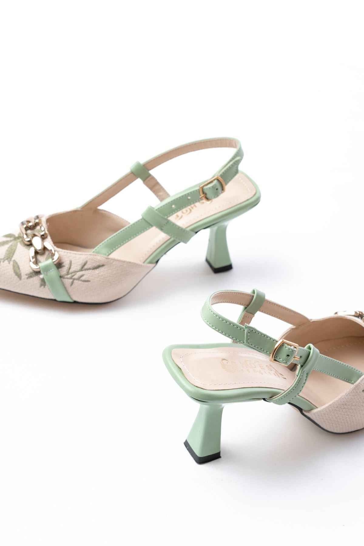 Ayakkabı Aşkı K-250 Fıstık Yeşili Keten Günlük Arkası Açık Tokalı Topuklu Kadın Ayakkabı