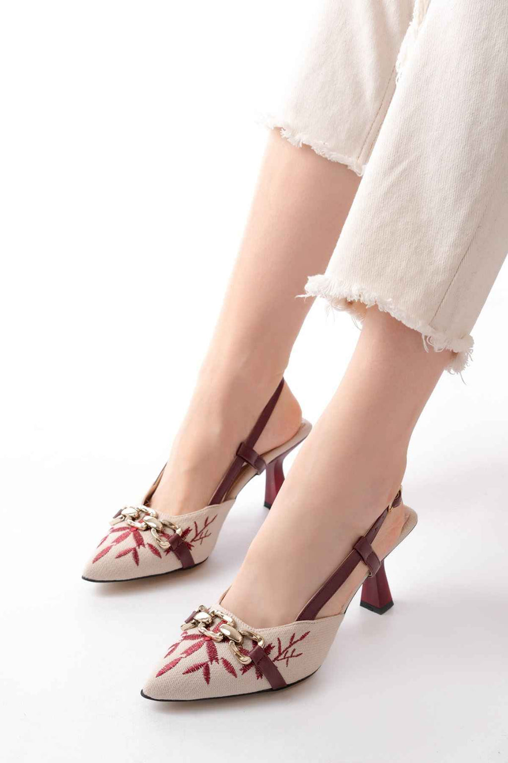 Ayakkabı Aşkı K-250 Bordo Keten Günlük Arkası Açık Tokalı Topuklu Kadın Ayakkabı