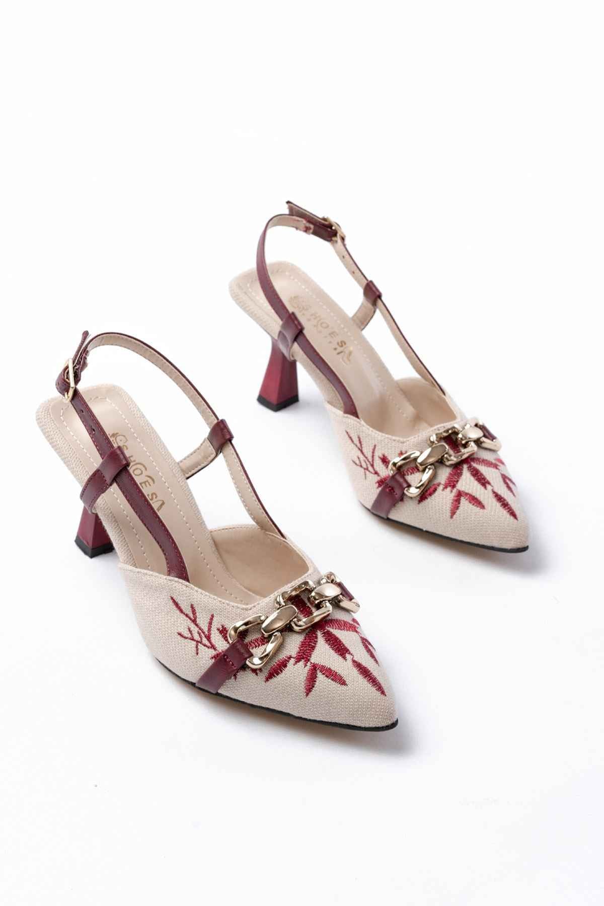 Ayakkabı Aşkı K-250 Bordo Keten Günlük Arkası Açık Tokalı Topuklu Kadın Ayakkabı