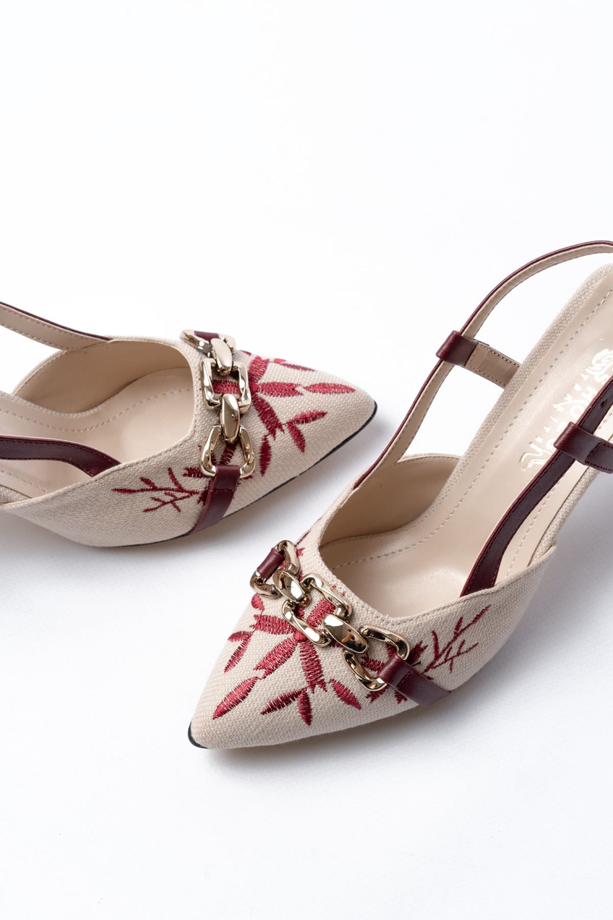 Ayakkabı Aşkı Bordo Keten Günlük Arkası Açık Tokalı Topuklu Kadın Ayakkabı