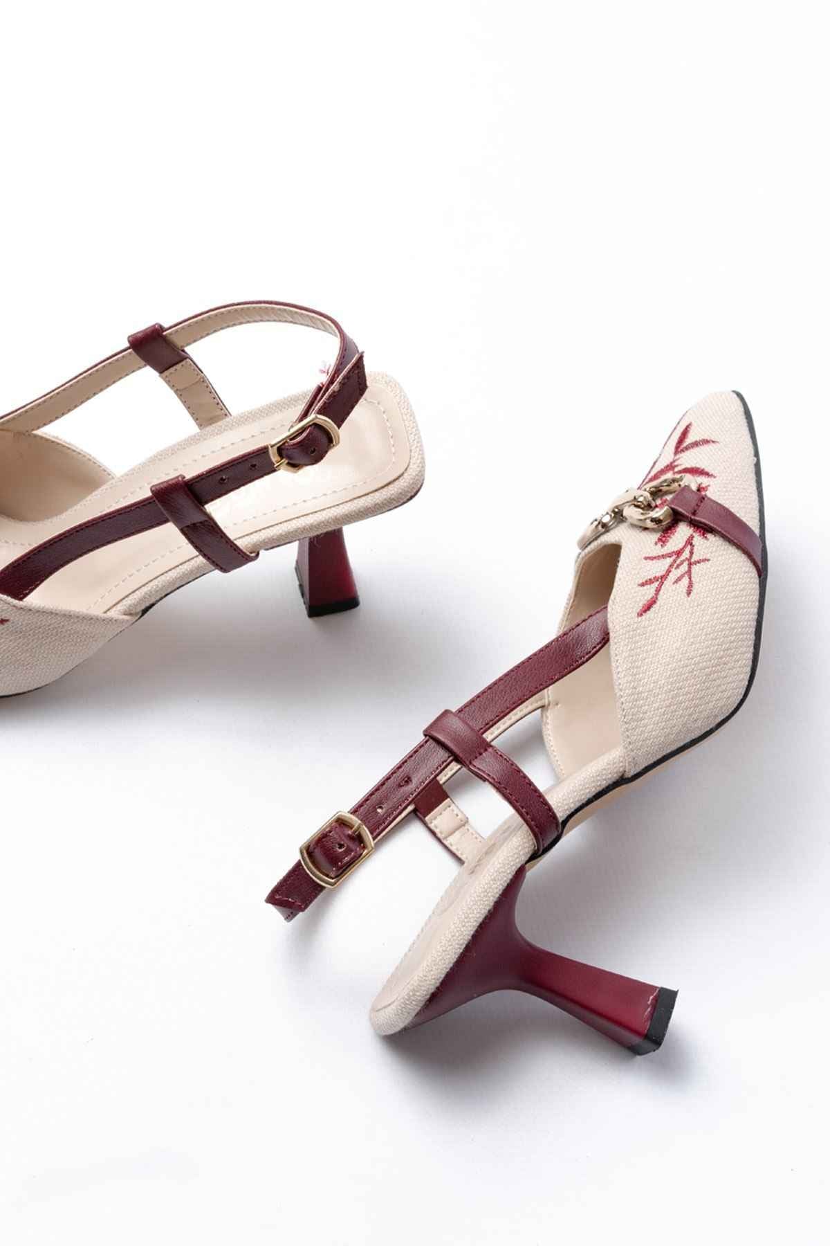 Ayakkabı Aşkı K-250 Bordo Keten Günlük Arkası Açık Tokalı Topuklu Kadın Ayakkabı