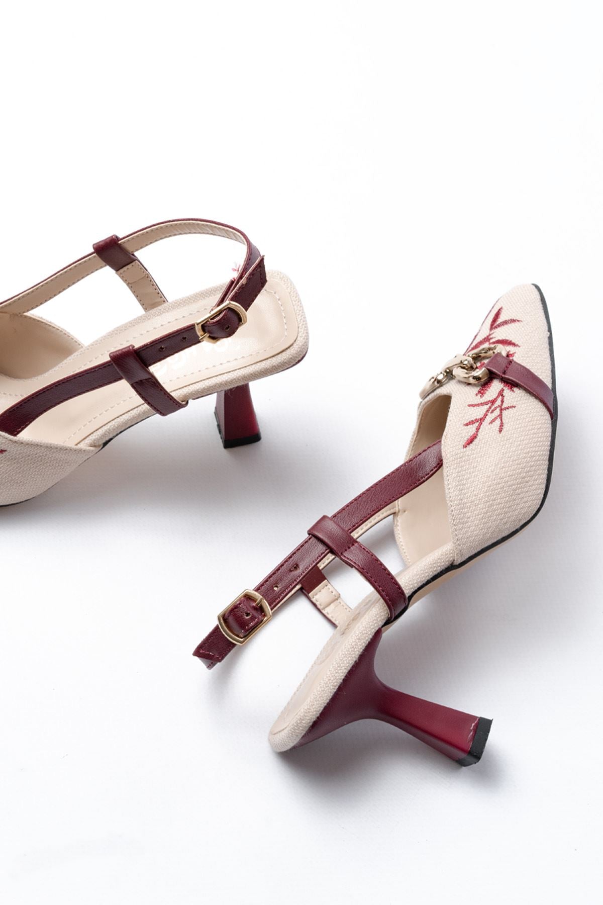Ayakkabı Aşkı Bordo Keten Günlük Arkası Açık Tokalı Topuklu Kadın Ayakkabı - Ayakkabı Aşkı