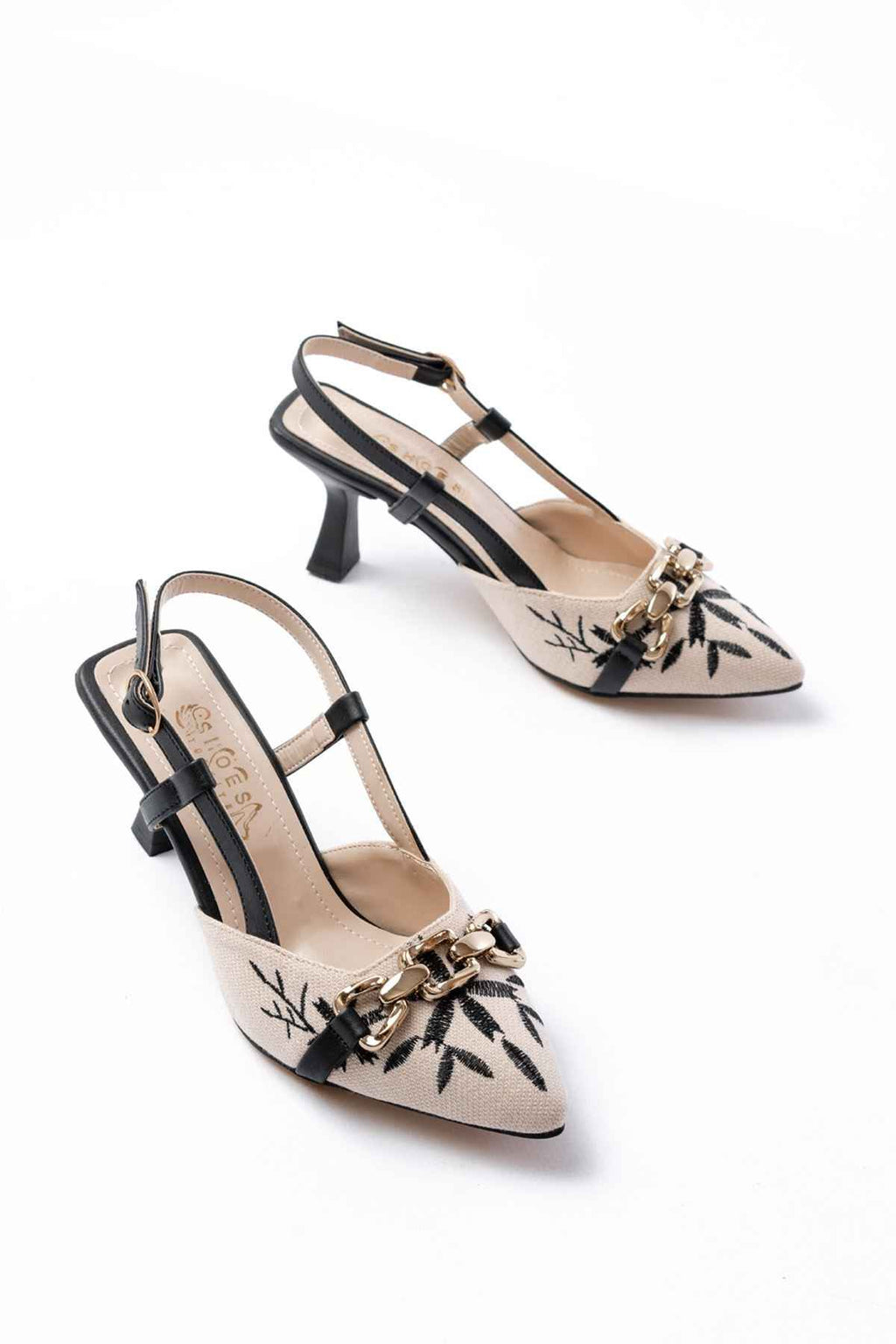 Ayakkabı Aşkı K-250 Siyah Keten Günlük Arkası Açık Tokalı Topuklu Kadın Ayakkabı