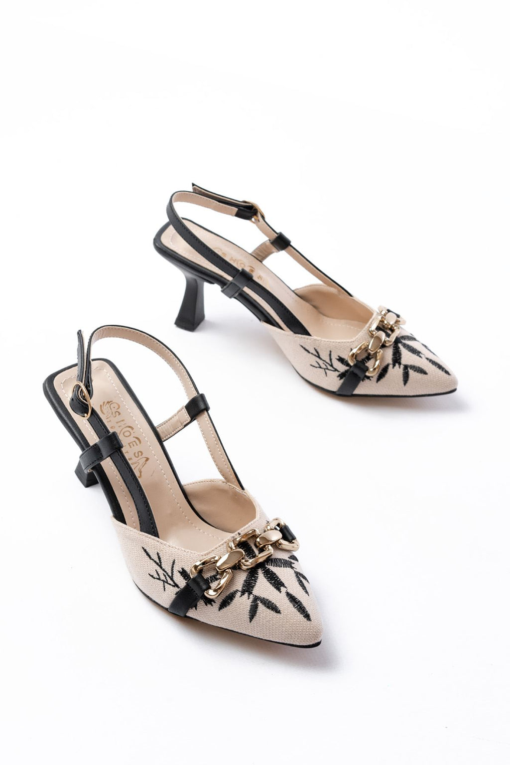 Ayakkabı Aşkı Siyah Keten Günlük Arkası Açık Tokalı Topuklu Kadın Ayakkabı