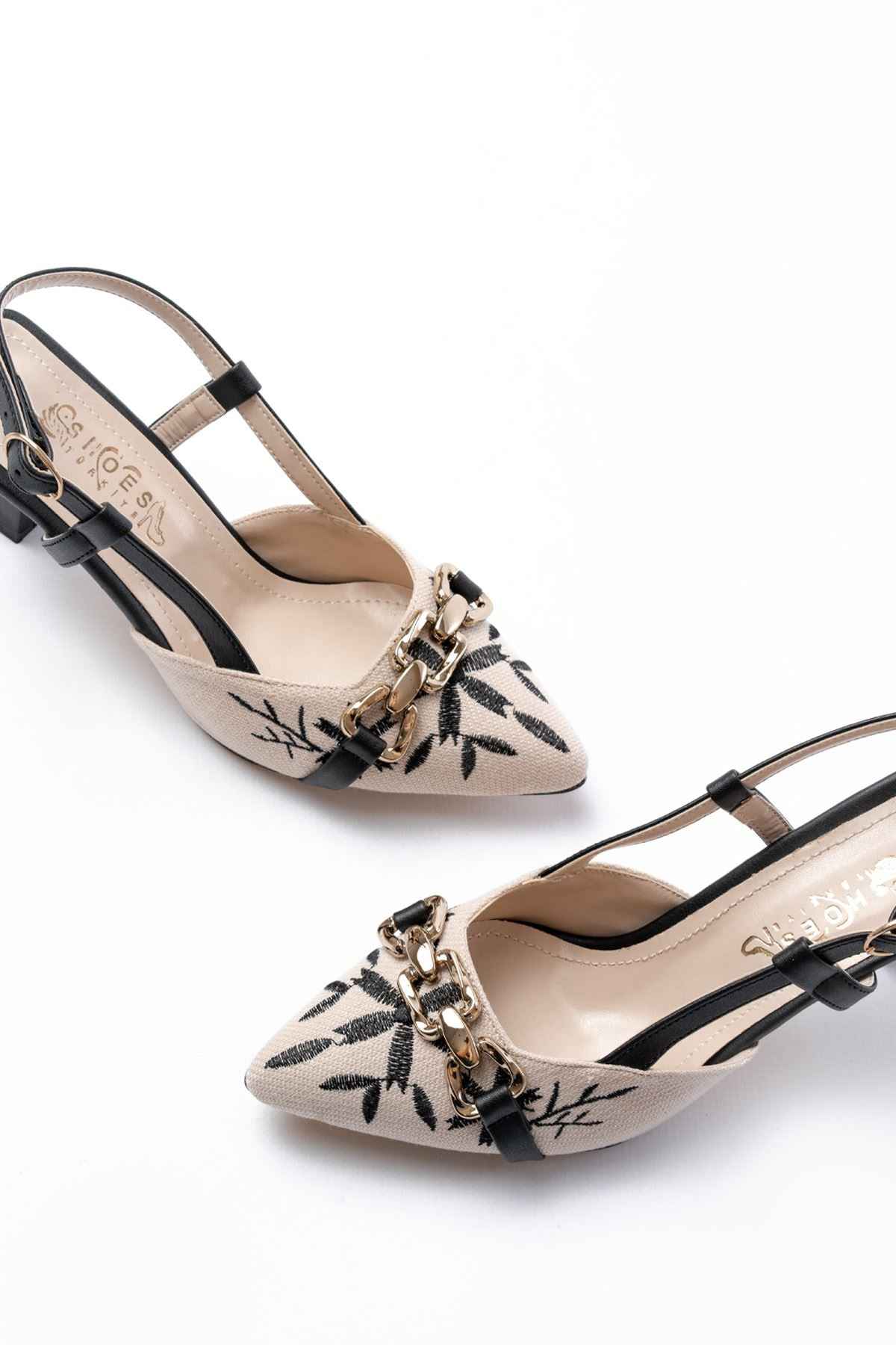 Ayakkabı Aşkı K-250 Siyah Keten Günlük Arkası Açık Tokalı Topuklu Kadın Ayakkabı