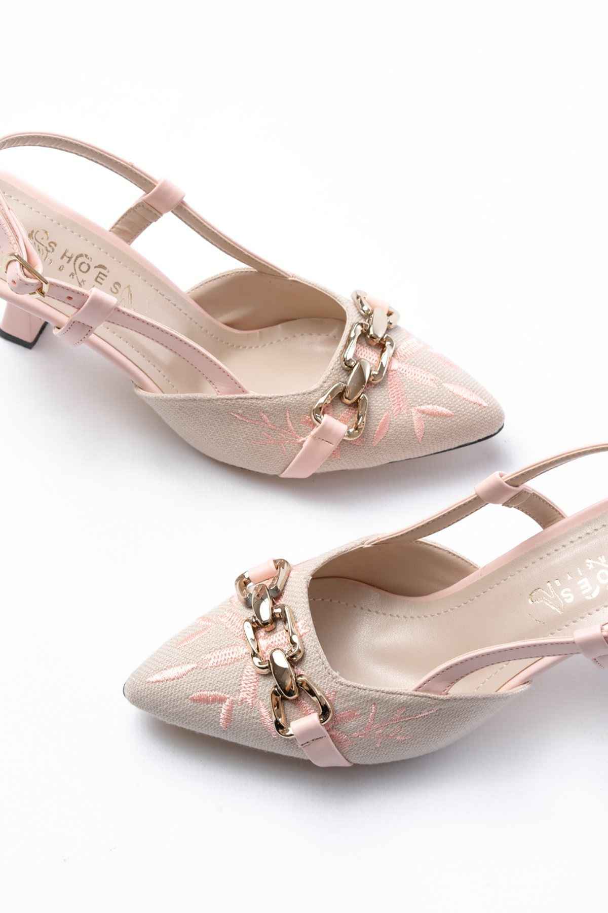 Ayakkabı Aşkı K-250 Pudra Keten Günlük Arkası Açık Tokalı Topuklu Kadın Ayakkabı