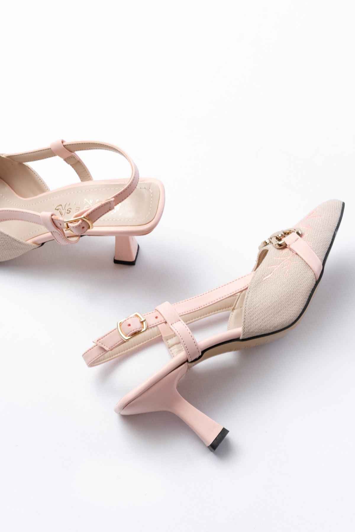 Ayakkabı Aşkı K-250 Pudra Keten Günlük Arkası Açık Tokalı Topuklu Kadın Ayakkabı