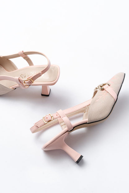 Ayakkabı Aşkı Pudra Keten Günlük Arkası Açık Tokalı Topuklu Kadın Ayakkabı