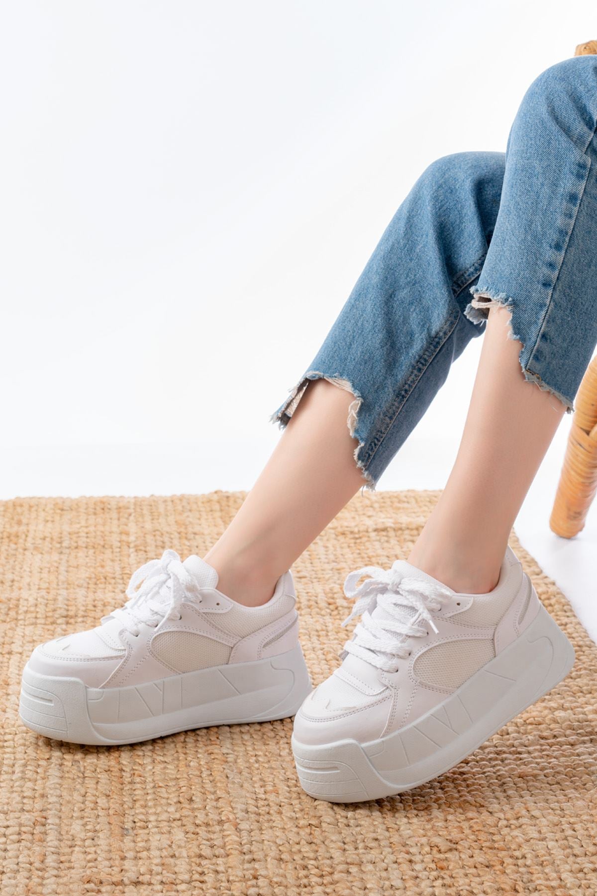 Ayakkabı Aşkı Beyaz Garni Bağcıklı Fileli Yüksek Taban Günlük Spor Ayakkabı