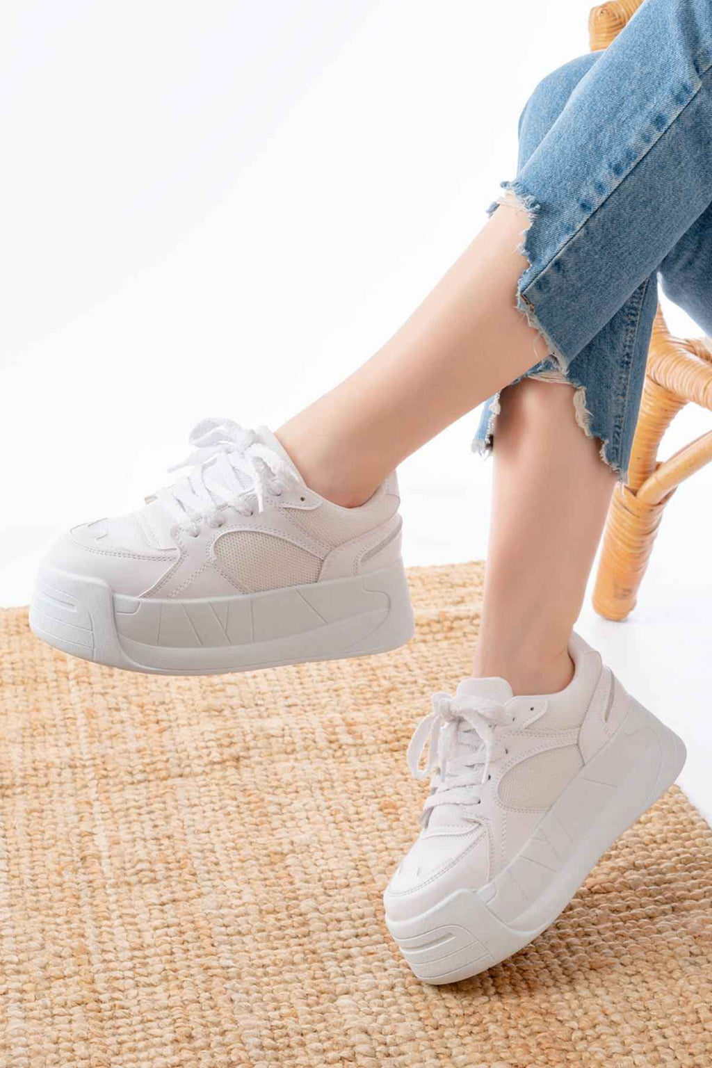 Ayakkabı Aşkı Sp-190 Beyaz Garni Bağcıklı Fileli Yüksek Taban Günlük Spor Ayakkabı