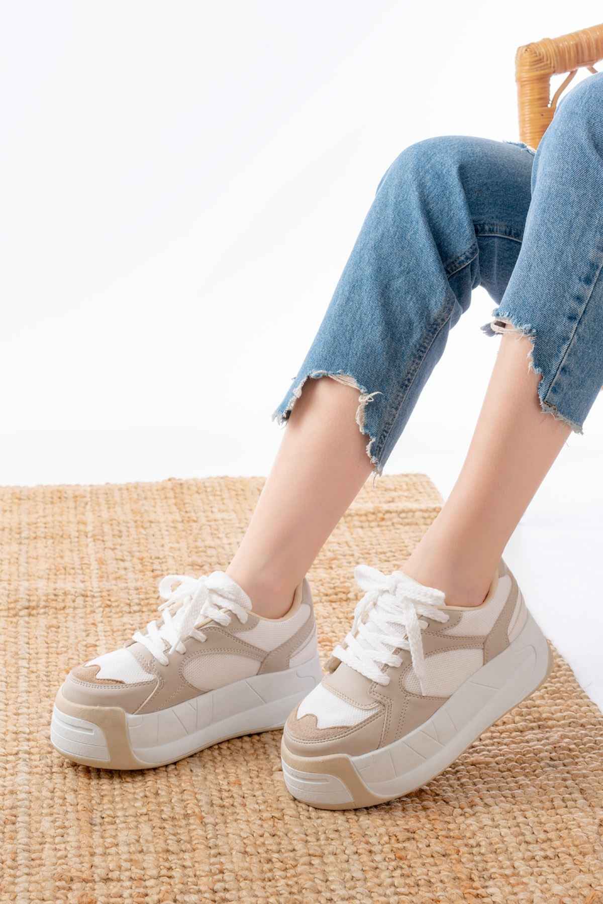 Ayakkabı Aşkı Sp-190 Bej Garni Bağcıklı Fileli Yüksek Taban Günlük Spor Ayakkabı