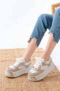 Ayakkabı Aşkı Bej Garni Bağcıklı Fileli Yüksek Taban Günlük Spor Ayakkabı - Ayakkabı Aşkı