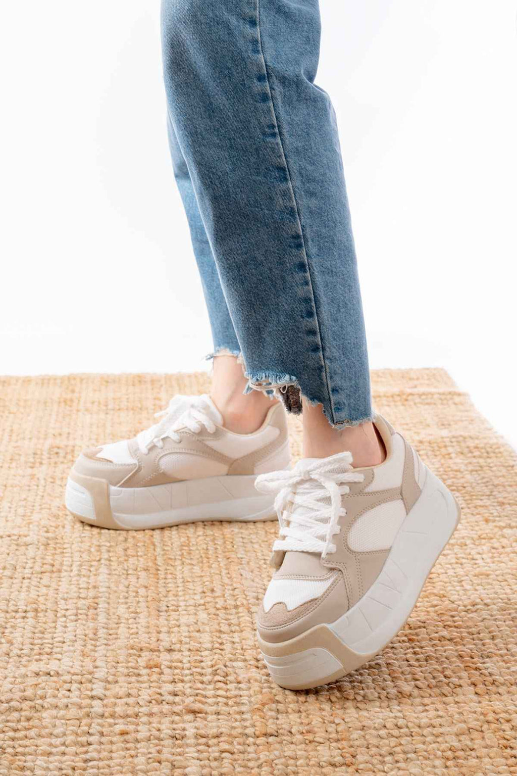 Ayakkabı Aşkı Sp-190 Bej Garni Bağcıklı Fileli Yüksek Taban Günlük Spor Ayakkabı