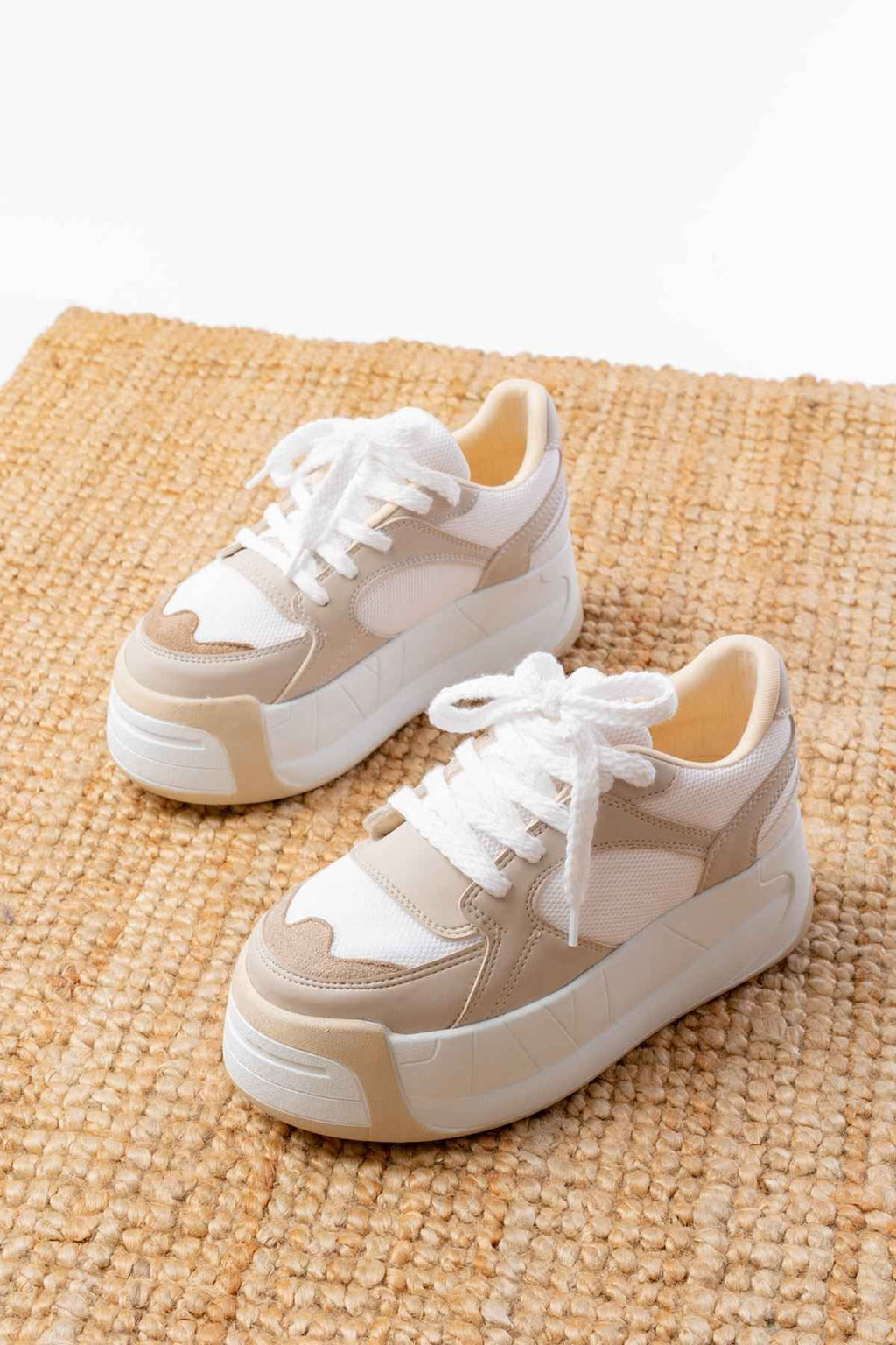 Ayakkabı Aşkı Sp-190 Bej Garni Bağcıklı Fileli Yüksek Taban Günlük Spor Ayakkabı