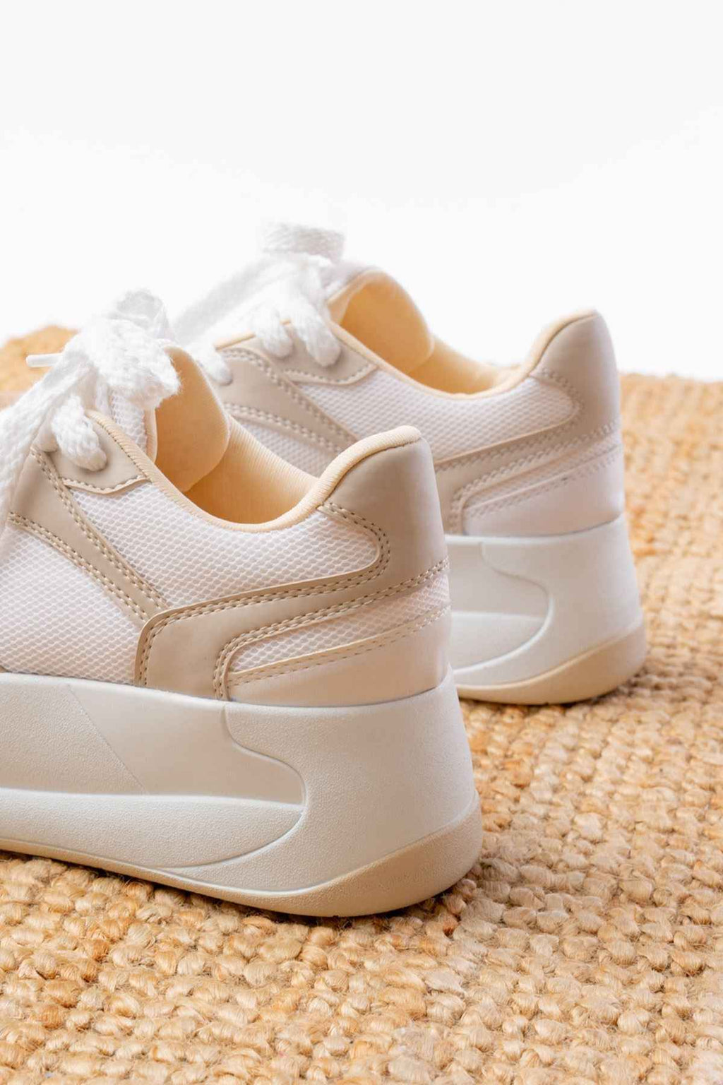 Ayakkabı Aşkı Sp-190 Bej Garni Bağcıklı Fileli Yüksek Taban Günlük Spor Ayakkabı