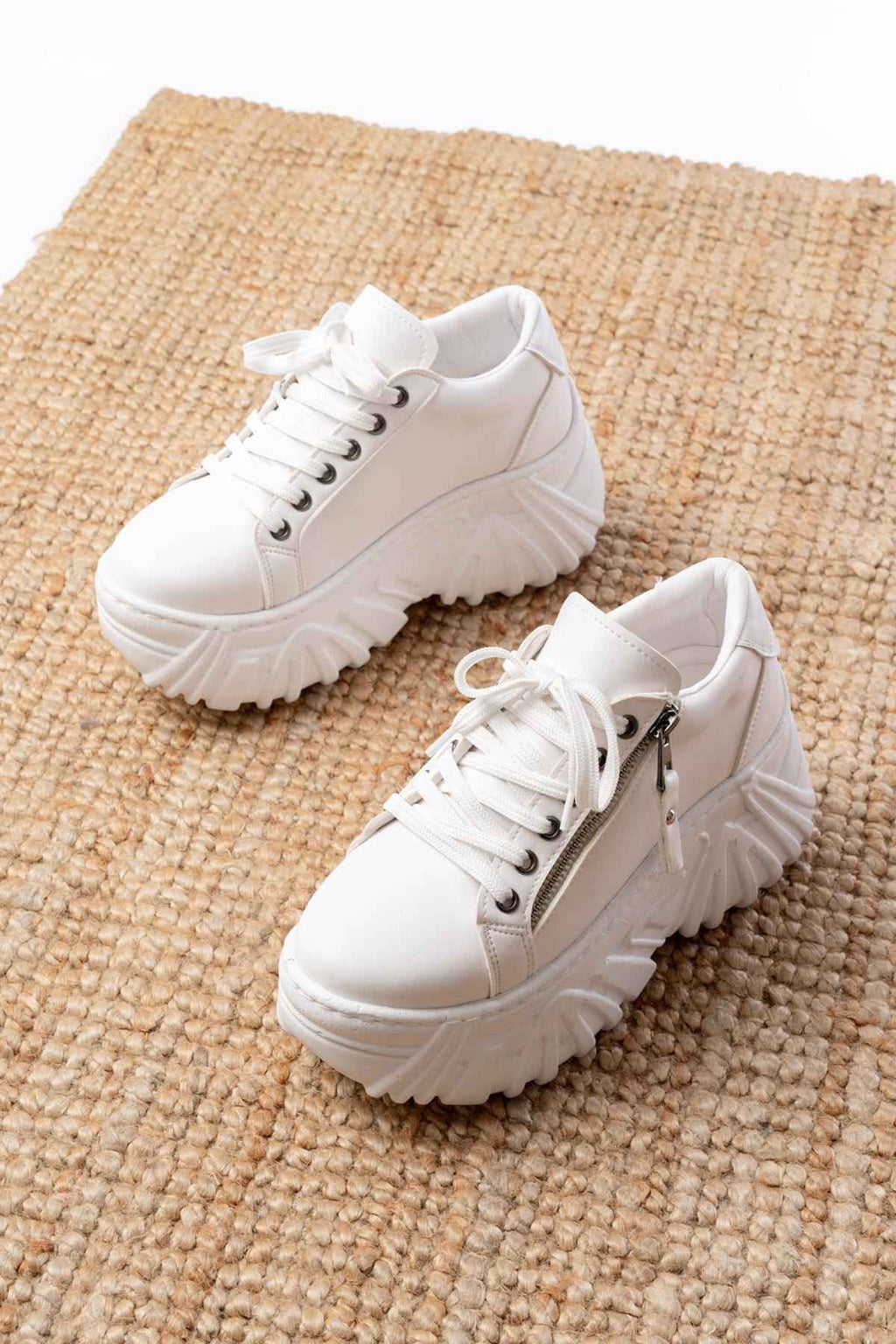 Ayakkabı Aşkı Sp-156 Beyaz Bağcıklı Fermuarlı Yüksek Taban Günlük Spor Ayakkabı