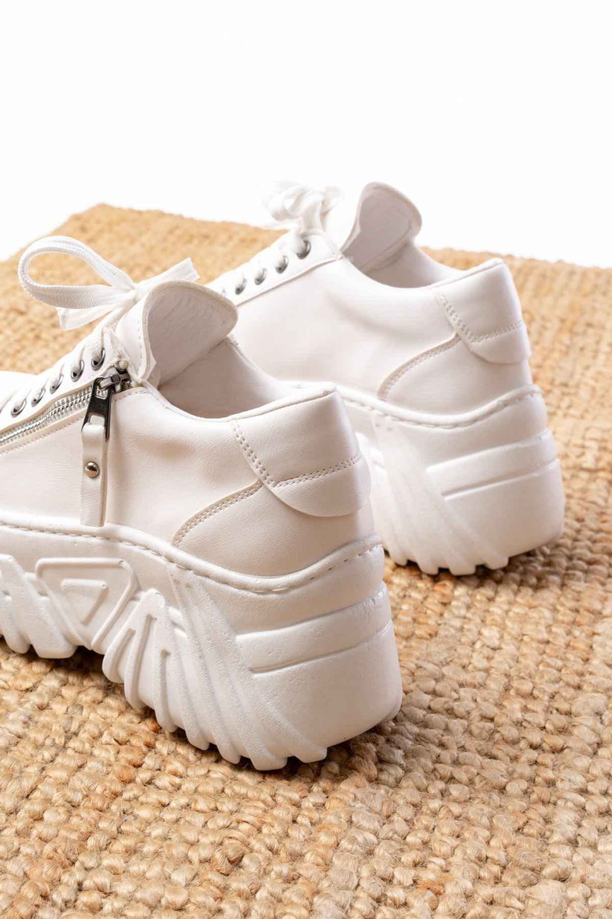 Ayakkabı Aşkı Sp-156 Beyaz Bağcıklı Fermuarlı Yüksek Taban Günlük Spor Ayakkabı