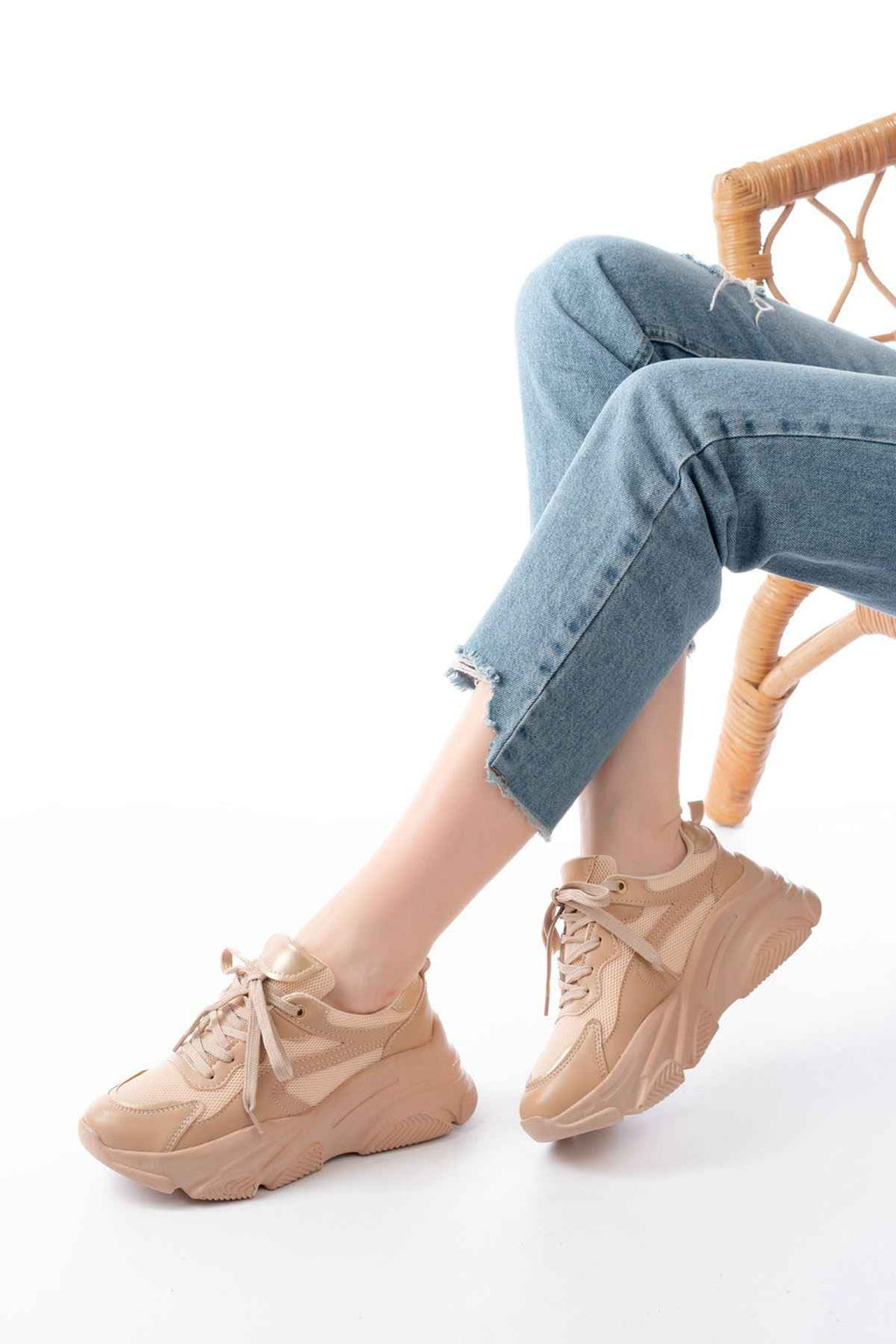 Ayakkabı Aşkı Sp-149 Nut Gold Bağcıklı Fileli Günlük Spor Ayakkabı