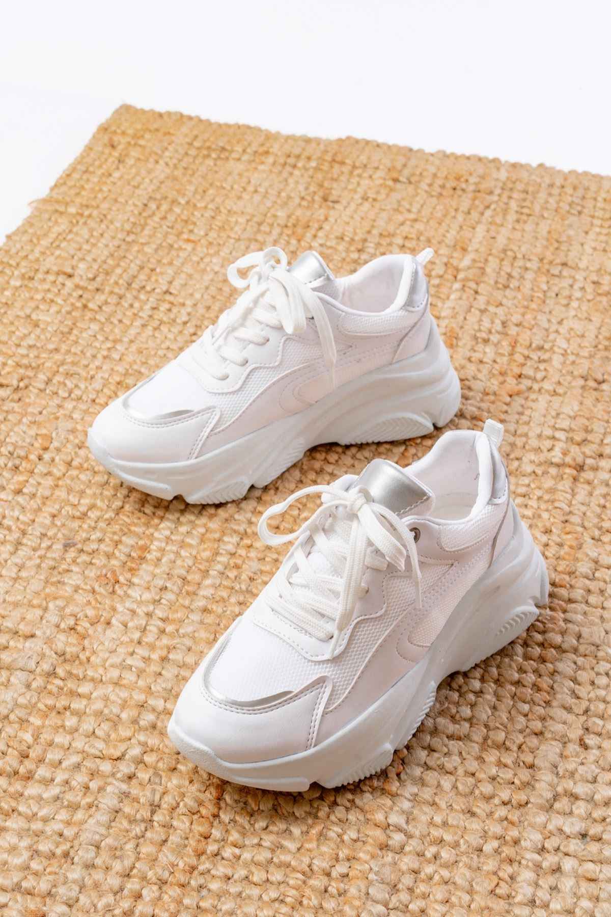 Ayakkabı Aşkı Sp-149 Beyaz Gümüş Bağcıklı Fileli Günlük Spor Ayakkabı