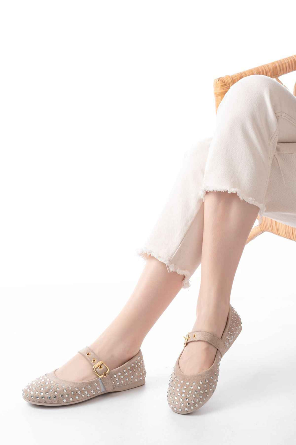 Ayakkabı Aşkı Dm-6020 Bej Troklu Baret Tokalı Günlük Kadın Babet