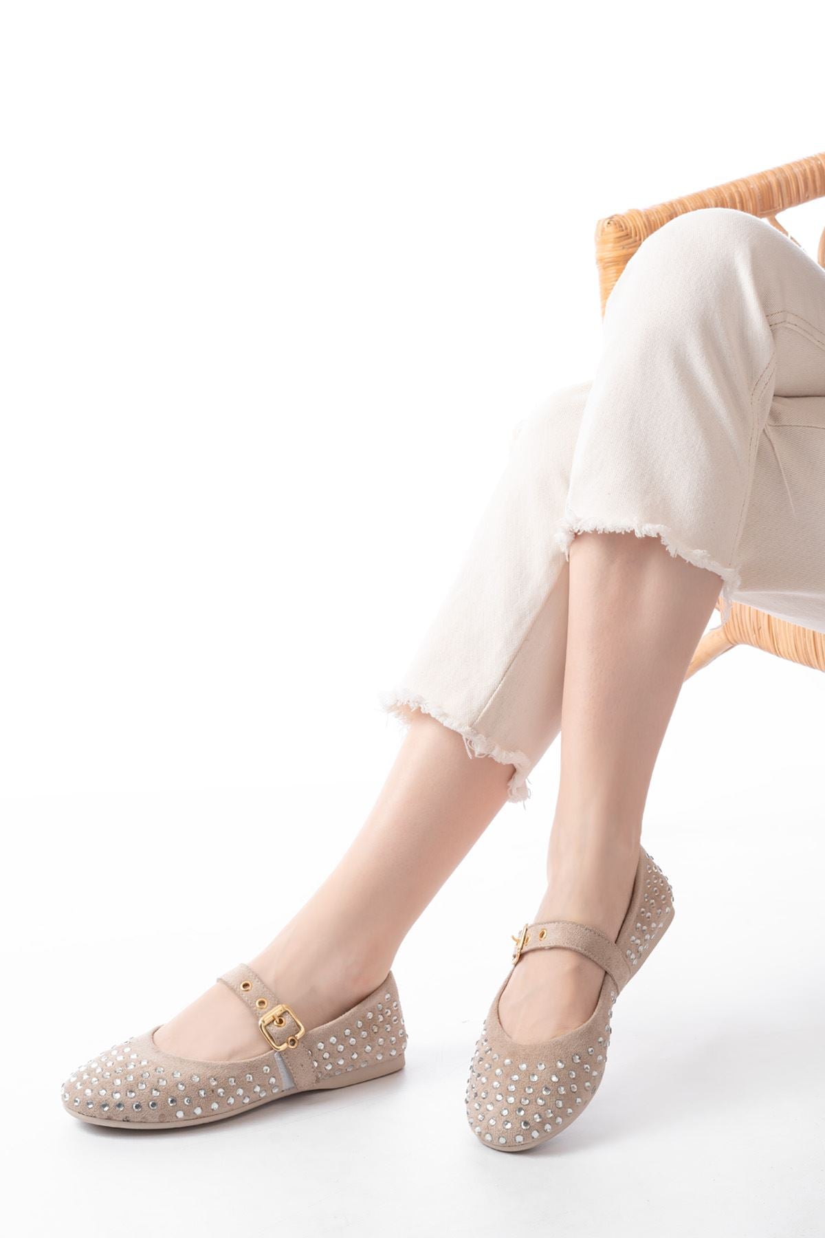 Ayakkabı Aşkı Bej Troklu Baret Tokalı Günlük Kadın Babet