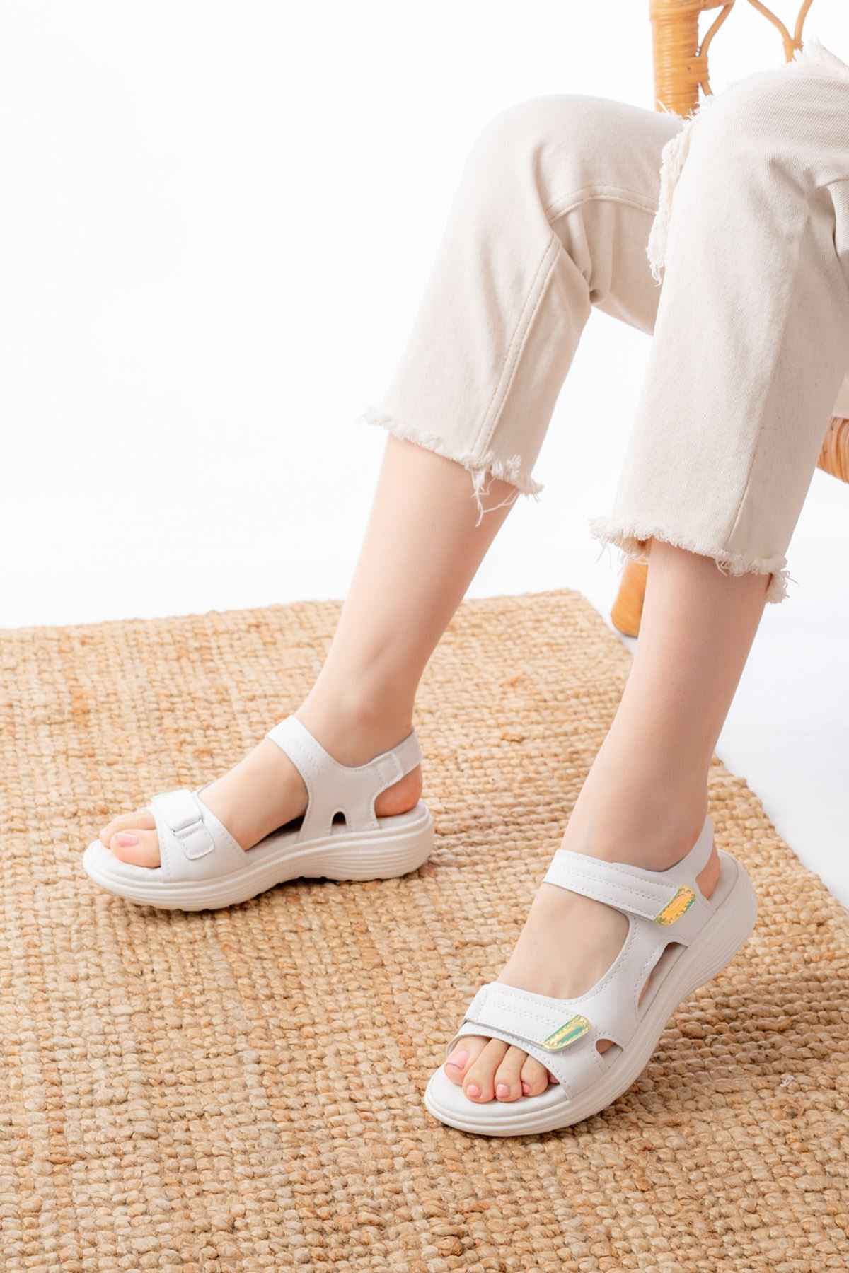 Ayakkabı Aşkı Dm-363  Beyaz Baret Cırtlı Dikişli Günlük Kadın Sandalet