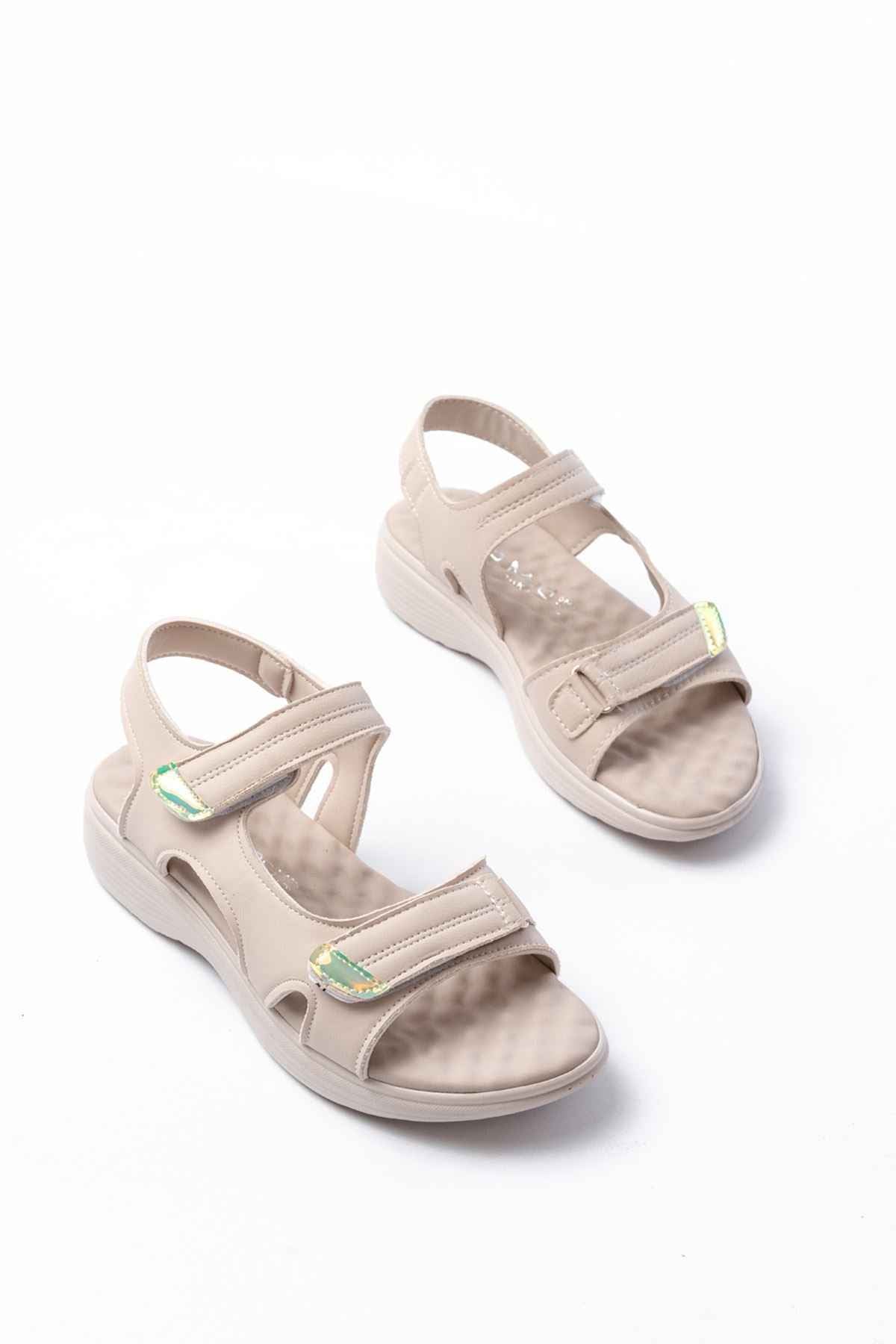 Ayakkabı Aşkı Dm-363  Bej Baret Cırtlı Dikişli Günlük Kadın Sandalet