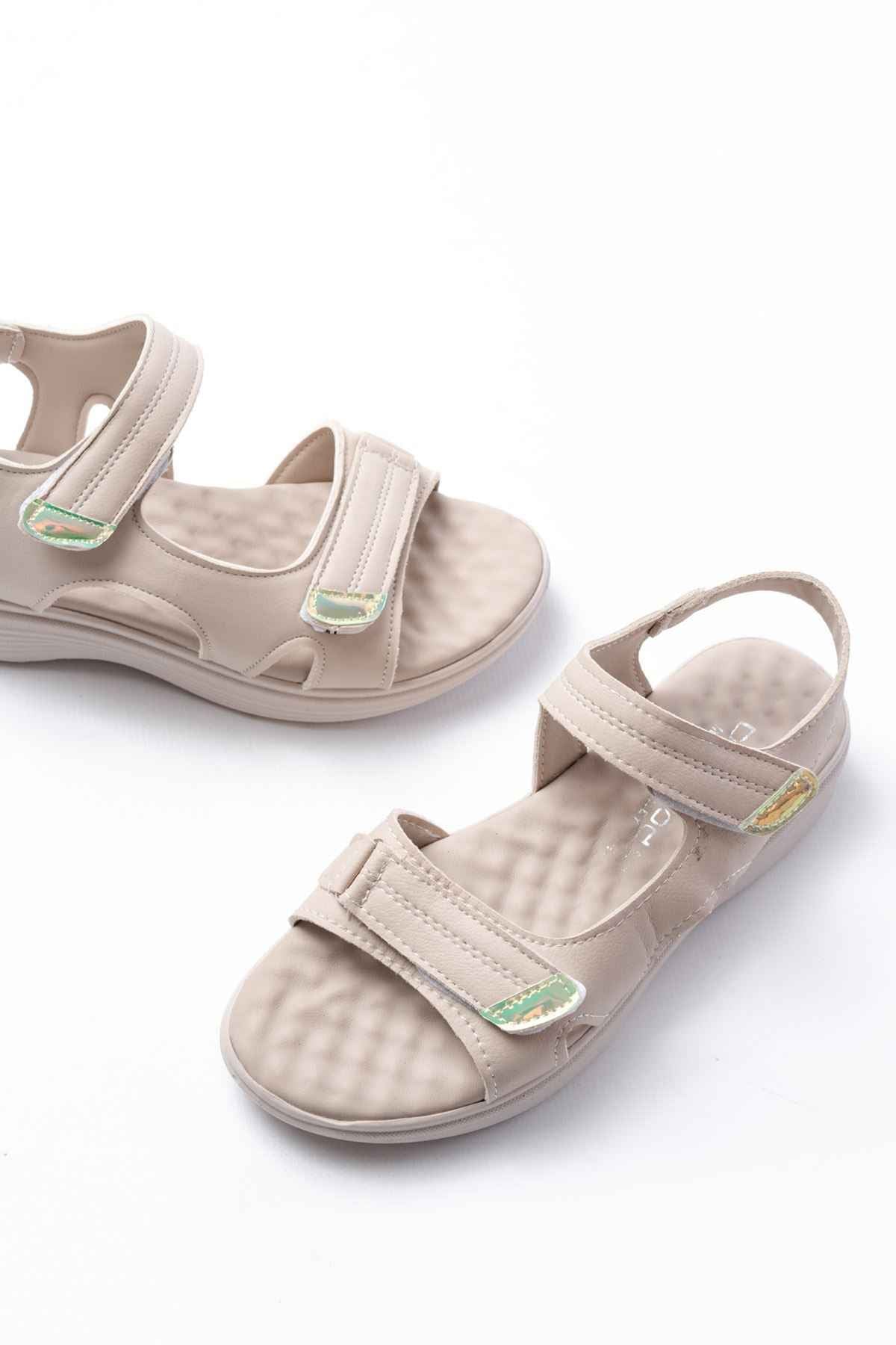 Ayakkabı Aşkı Dm-363  Bej Baret Cırtlı Dikişli Günlük Kadın Sandalet