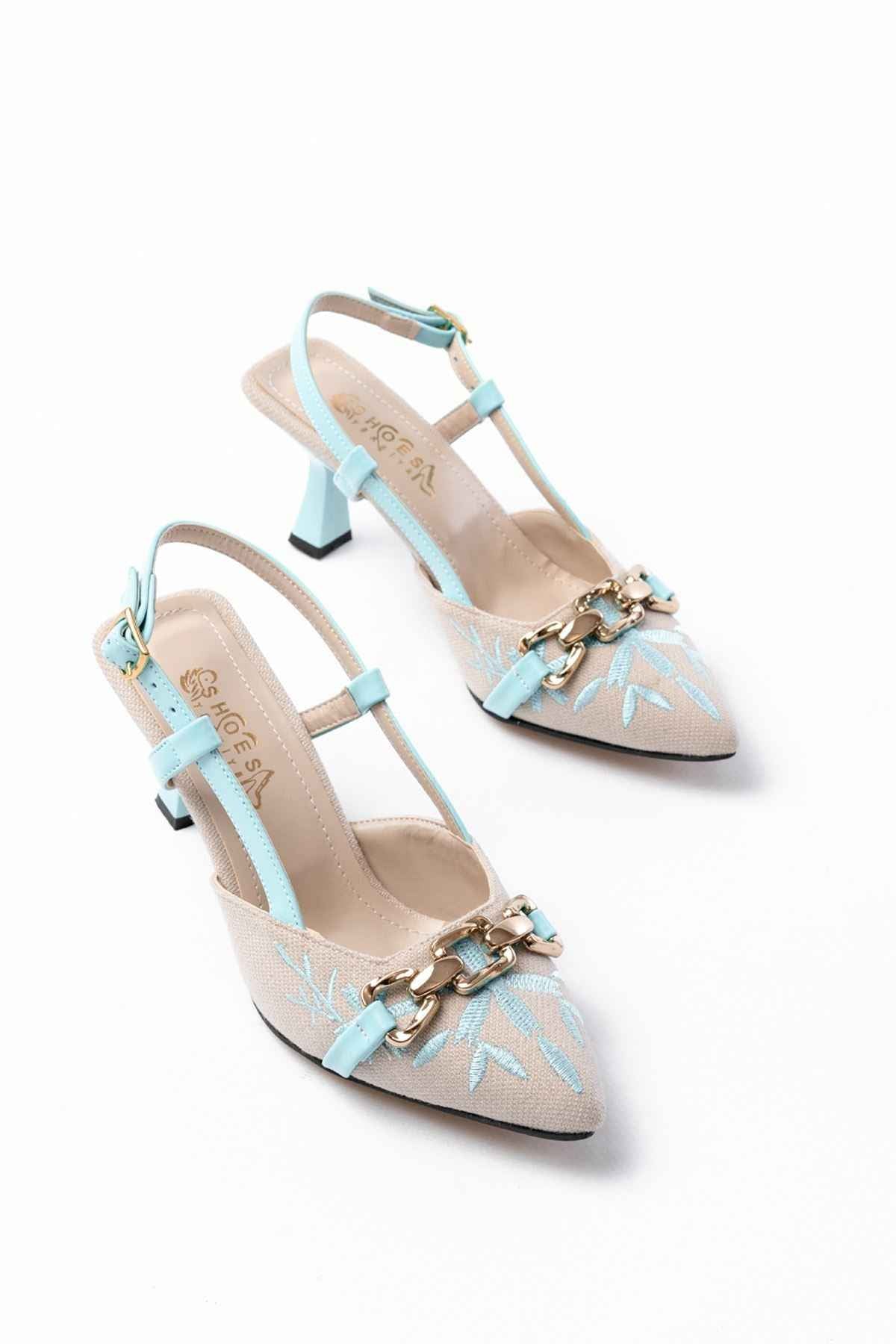 Ayakkabı Aşkı K-250 Mavi Keten Günlük Arkası Açık Tokalı Topuklu Kadın Ayakkabı