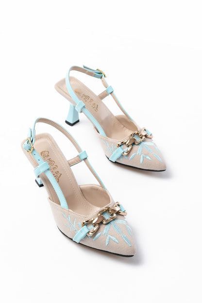 Ayakkabı Aşkı Mavi Keten Günlük Arkası Açık Tokalı Topuklu Kadın Ayakkabı