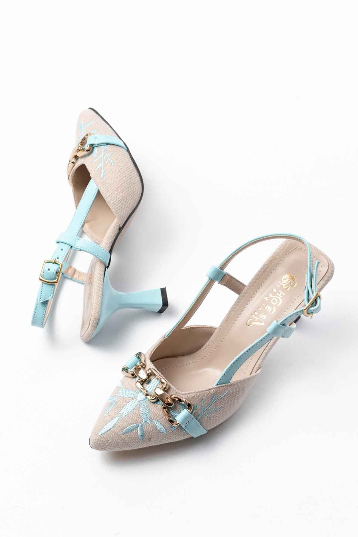 Ayakkabı Aşkı K-250 Mavi Keten Günlük Arkası Açık Tokalı Topuklu Kadın Ayakkabı