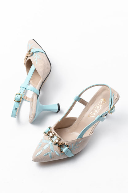 Ayakkabı Aşkı Mavi Keten Günlük Arkası Açık Tokalı Topuklu Kadın Ayakkabı